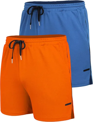 Vista 4 de COOFANDY Paquete de 2 pantalones cortos de entrenamiento de gimnasio para hombre, pantalones de malla ligeros para culturismo, entrenamiento