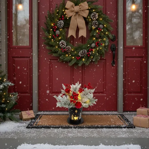 Vista 8 de Centro de Mesa Navideño Iluminado en Maceta de Metal con Temporizador, Escena del Nacimiento Navideño en Base de Metal Negro con Ornamento de Piñas