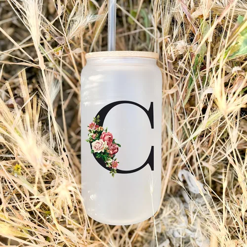 Vista 5 de Vasos de vidrio personalizados con tapas y pajitas, regalos con monograma para mujeres, vaso personalizado, bonita taza personalizada, cosas