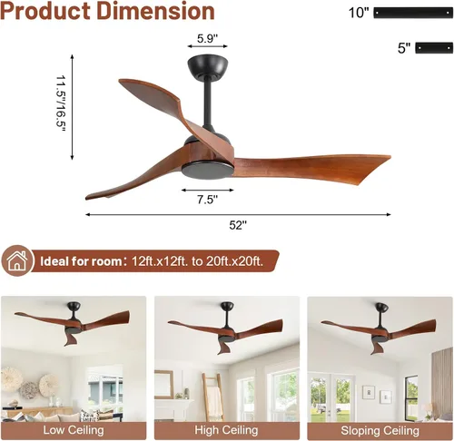 Vista 2 de CACI Mall Ventiladores de techo de madera de 52 pulgadas sin luces, sólido, ventilador de techo de 3 aspas para interiores y exteriores, sin luz