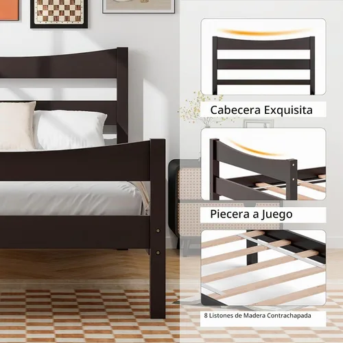 Vista 4 de Giantex - Marcos de cama individual de madera con cabecero, cama moderna con plataforma y soporte de listones de madera, espacio de almacenamiento