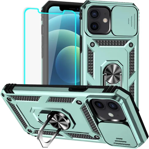 Vista 10 de HNHYGETE Funda para iPhone 12 / iPhone 12 Pro con protector de pantalla: [grado militar de 20 pies probada en caídas] anillo a prueba de golpes
