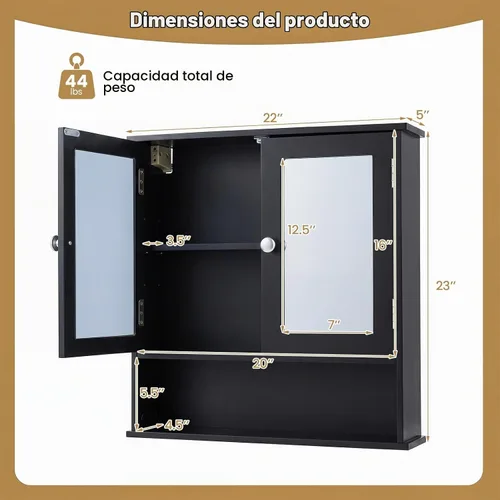 Vista 3 de GLACER - Armario de pared de baño moderno con espejo y estante ajustable Negro