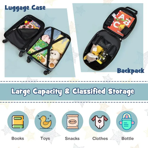 Vista 5 de Goplus Equipaje para niños, 2 piezas, 12 y 16 pulgadas, juego de equipaje de mano para niños con 4 ruedas giratorias, maleta ligera con ruedas