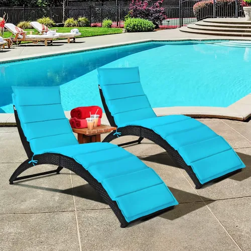Vista 10 de COSTWAY 2 sillas plegables de ratán para exteriores, tumbona de mimbre para patio con cojín suave, soporte ergonómico, sillas portátiles de piscina