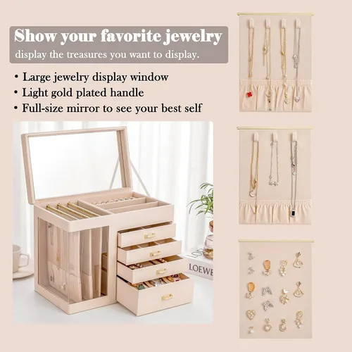 Vista 3 de GUKA Joyero organizador con espejo, caja de joyería de 5 capas con 4 cajones para collares, pulseras, reloj, anillos y aretes, almacenamiento grande
