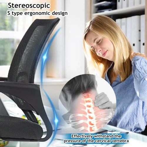 Vista 4 de Silla de escritorio para computadora, ergonómica, respaldo medio, silla de malla con soporte lumbar y reposabrazos, moderna, altura ajustable Negro