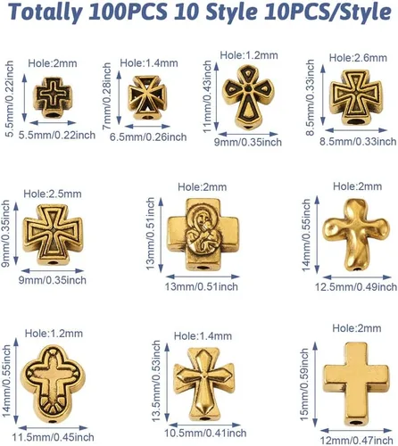Vista 2 de Cheriswelry 100 cuentas de aleación de cruz tibetana, cuentas sagradas de metal antiguo crucifijo dorado antiguo, 10 estilos para collares