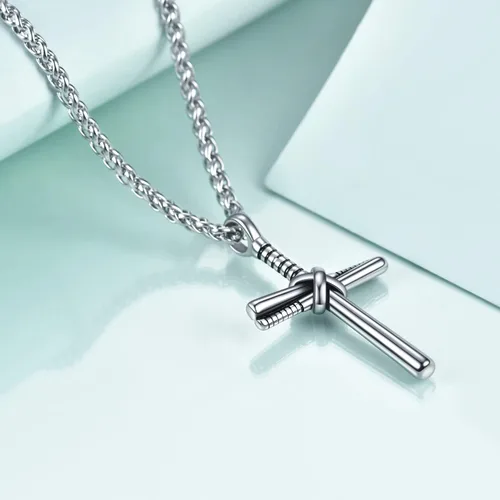 Vista 4 de Rnivida Collar de cruz de béisbol de acero inoxidable con colgante de béisbol con cadena de 24 pulgadas Acero inoxidable No es una piedra preciosa