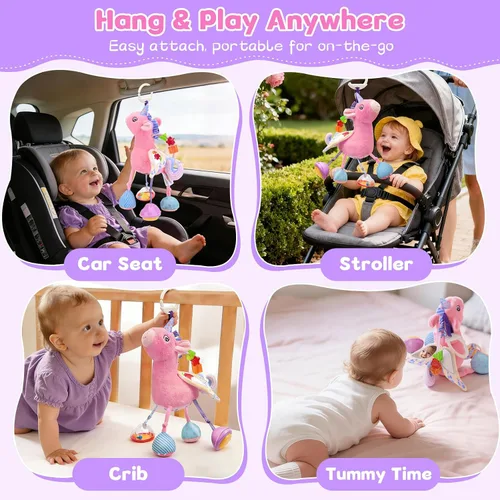 Vista 3 de Asiento de coche y cochecito de juguete para niña, peluche sensorial musical con sonajero y espejo, juguetes para bebés de 0 a 12 meses, juguetes