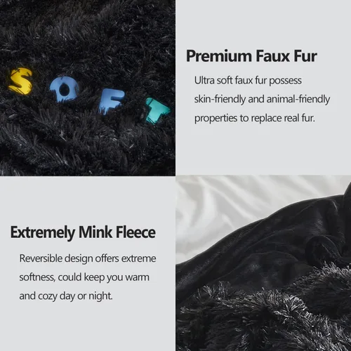 Vista 5 de GONAAP Manta de Tiro Difusa de Piel Sintética Negra Súper Suave Acogedora Felpa Difusa Peluda para Sofá Sillón Cama (Negro, Tiro(50"x60"))