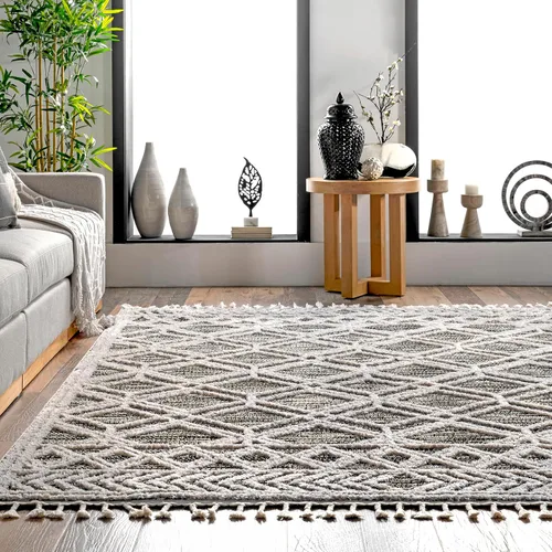 Vista 8 de nuLOOM Alfombra de Área Ansley Marroquí con Borlas de 2 x 6 pies, Gris, diseño bohemio con textura alta-baja, pelo alto de felpa, resistente a