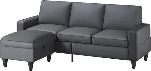 Vista 3 de Lonkwa Sofá en forma de L para sala de estar, sofá modular convertible con otomana de almacenamiento, sofás seccionales grises de 3 asientos