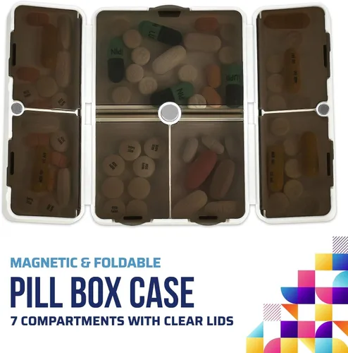 Vista 8 de Pastillero magnético plegable – (paquete de 2) organizador semanal de medicina de 7 días – Recipiente portátil compacto y ligero con 7