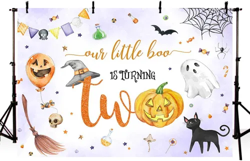 Vista 3 de MEHOFOND Telón de fondo de Halloween Spooktacular de 2º cumpleaños con texto en inglés "Our Little Boo is Turning Twing", lindo fantasma para fiesta