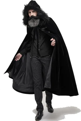Vista 2 de Capa gótica unisex con capucha y cuello de piel medieval renacentista, disfraz de Halloween Negro
