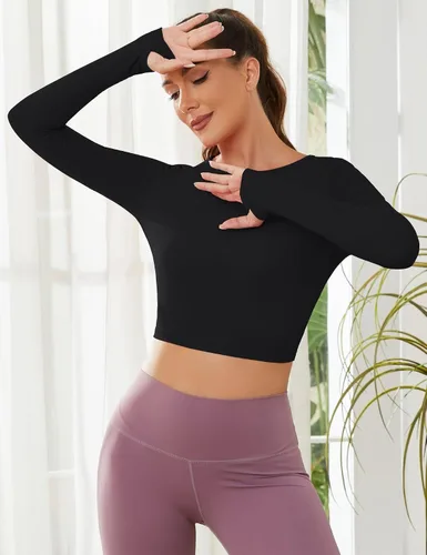 Vista 4 de Loovoo Camiseta corta de manga larga para mujer, sexy, con espalda abierta, cuello redondo, ajustada, camisa de yoga con agujero para el pulgar