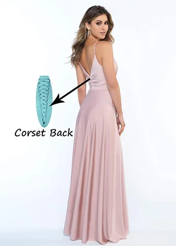 Vista 2 de Miao Duo Vestidos de dama de honor de satén con cuello en V para mujer con abertura y tirantes delgados, vestidos formales de graduación