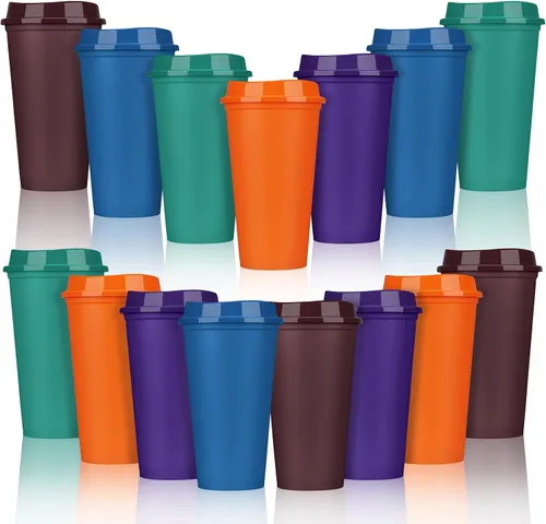 Vista 9 de Domensi Paquete de 15 tazas de café reutilizables con tapas, vasos de viaje desechables de 16 onzas, vasos de plástico a granel para llevar, vasos