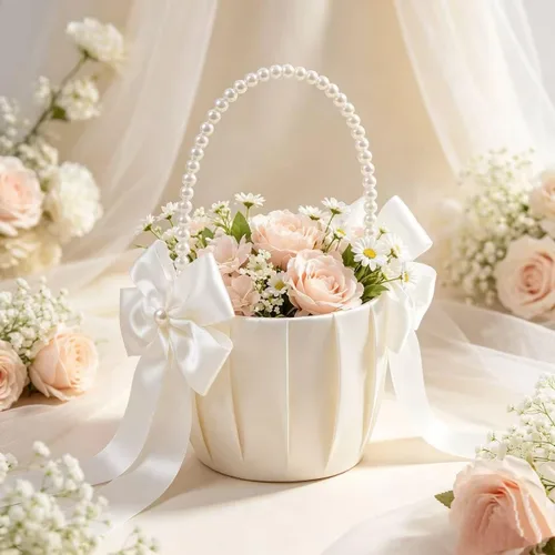 Vista 3 de Cestas de niña de flores para boda, cesta de flores marfil con mango de perlas, juego de 2 cestas de boda para niñas de flores