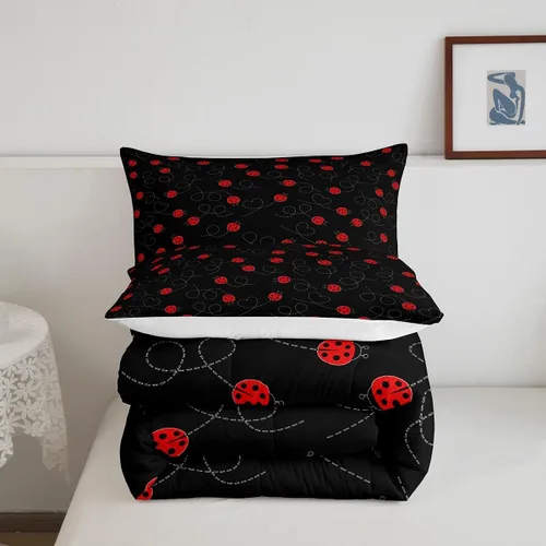 Vista 5 de jejeloiu Lindo juego de edredón de mariquita roja de dibujos animados, juego de ropa de cama para niños y niñas, decoración de animales kawaii