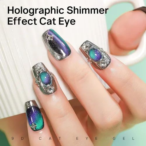 Vista 4 de MIZHSE Chameleon - Esmalte de gel 9D de ojo de gato, 0.3 onzas líquidas, gel magnético holográfico de ojo de gato, galaxia holográfica, juego de 9D