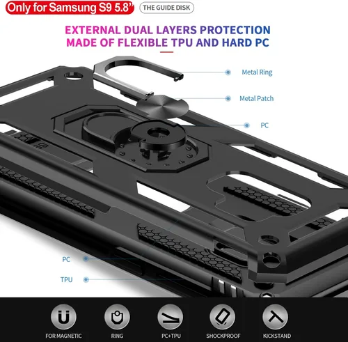 Vista 5 de LeYi Funda para Galaxy S9 con 2 protectores de pantalla suave, anillo de metal protector de grado militar con función atril para teléfono Android