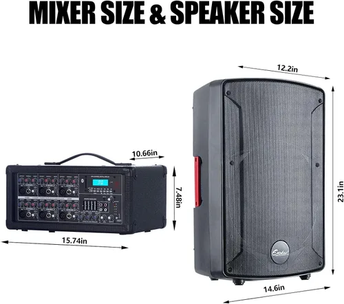 Vista 5 de EXOTON S-1202 - Sistema de sonido PA de 12 pulgadas, 2000 W, Bluetooth, con juego de mezclador amplificado, altavoces pasivos con mezclador de 6