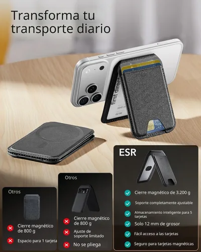 Vista 2 de ESR para cartera MagSafe con soporte, bloqueo RFID con anillo MagSafe, tarjetero de 5 tarjetas para estuche de teléfono, cartera magnética de cuero