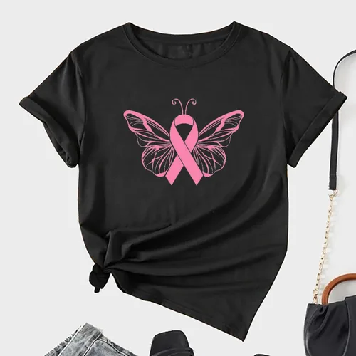 Vista 2 de Breast Cancer Shirts for Women Casual Pink Ribbon Graphic Tee Shirts Casual Loose Short Sleeve Awareness Sweatshirt