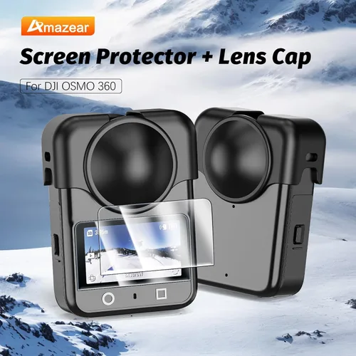 Vista 6 de AMAZEAR Protector de pantalla para accesorios DJI OSMO 360, película de pantalla HD con tapa de lente de silicona, dureza 9H, vidrio templado