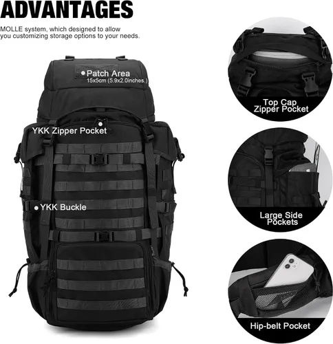 Vista 3 de Mardingtop 70L Mochila con armazón interno para caza, camping, senderismo; mochila con cubierta para la lluvia