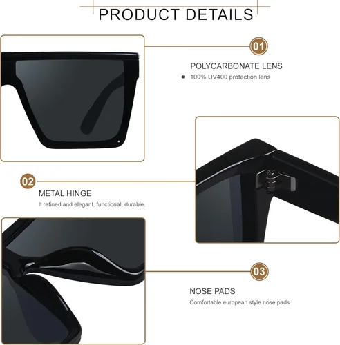 Vista 3 de LYZOIT Lentes de sol cuadrados de gran tamaño para mujeres y hombres, parte superior plana grande, protección UV, sombras sin montura