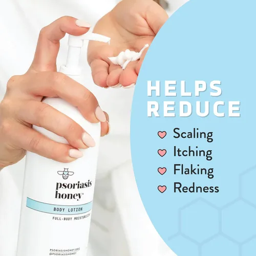 Vista 3 de PSORIASIS HONEY Loción corporal hidratante diaria, crema para eccema y dermatitis seborreica para picazón y descamación, tratamiento hidratante