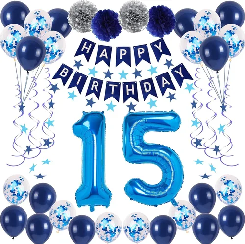 Vista 21 de Decoraciones de fiesta de cumpleaños azul número 29 para hombres y mujeres, suministros de globos de feliz cumpleaños 29 con pancarta de feliz
