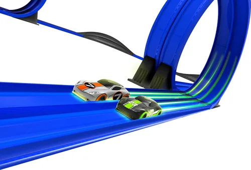 Vista 6 de Juego de pista de carreras con control remoto inalámbrico que brilla en la oscuridad de alta velocidad con dos autos para carreras duales, azul