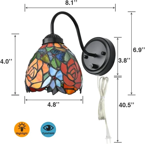 Vista 7 de Tiffany - Lámpara de pared para mesita de noche con interruptor regulable, aplique de pared de cuello de ganso vintage industrial con cable