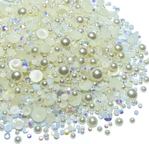 Vista 20 de Diamantes de imitación de resina mixta de 3.53 oz con parte trasera plana, perlas semicirculares, tamaños mixtos de 0.116 a 0.394 pulgadas