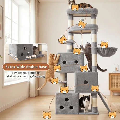 Vista 5 de Heybly Árbol para gatos, torre aerodinámica de 74 pulgadas para gatos grandes con condominios apilados de 3 niveles, muebles para gatos con percha