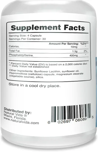 Vista 2 de Fosfatidilserina 400 mg, suplemento, 120 cápsulas vegetarianas - 30 porciones, sin soja