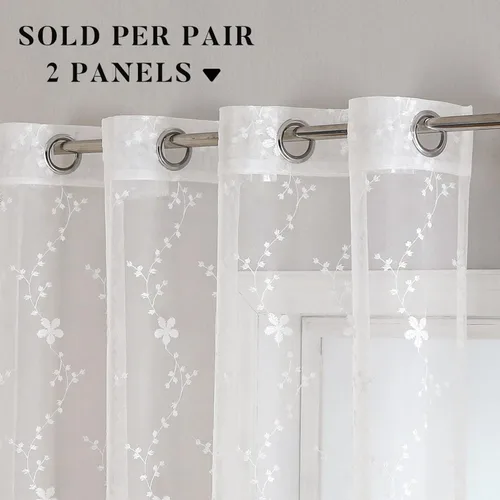 Vista 2 de WUBODTI Cortinas de encaje blanco de lujo de 63 pulgadas de largo, 2 paneles para dormitorio, bonitas cortinas bordadas florales de vid con ojales