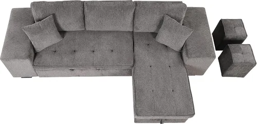 Vista 7 de Sofá cama modular de 104 pulgadas con diván convertible de almacenamiento y taburetes para sala de estar, moderno sofá cama extraíble de 3 asientos
