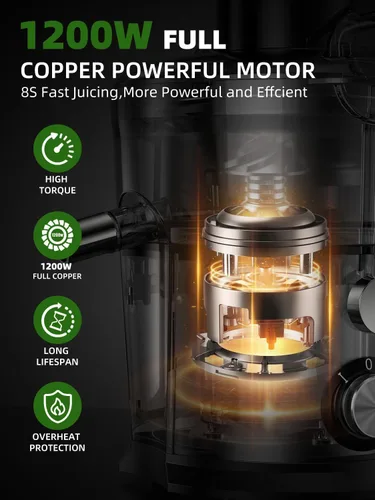 Vista 3 de Máquinas exprimidoras, extractor centrífugo de 1200 W con canal de alimentación de 3 pulgadas, velocidades dobles, motor de cobre completo