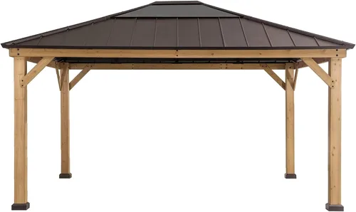Vista 15 de Kiosco con techo rígido Sunjoy de 9 x 9 pies. Gazebo de madera con estructura de cedro mejorado con techo de acero marrón y policarbonato a dos