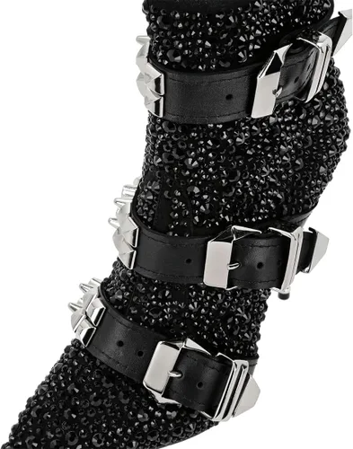 Vista 157 de FSJ Botas de tacón alto con punta puntiaguda para mujer, con tacón alto, con cremallera lateral brillante, estilo casual, para uso diario, zapatos