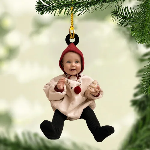 Vista 14 de Adorno personalizado de primera Navidad del bebé con carga de foto, decoración plana colgante de cara de recién nacido para árbol navideño, lindo
