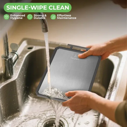 Vista 4 de Tabla de cortar de acero inoxidable, paja de trigo de doble cara y tabla de cortar de acero con guantes resistentes a cortes, tabla de cortar