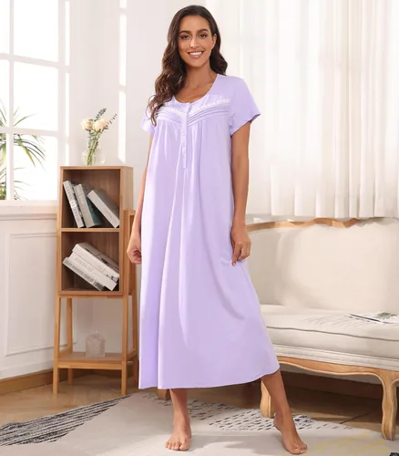Vista 3 de Camisones de algodón para mujer, camisones de manga corta, cómodos y largos, ropa de dormir, vestido de noche para mujer, vestido de casa