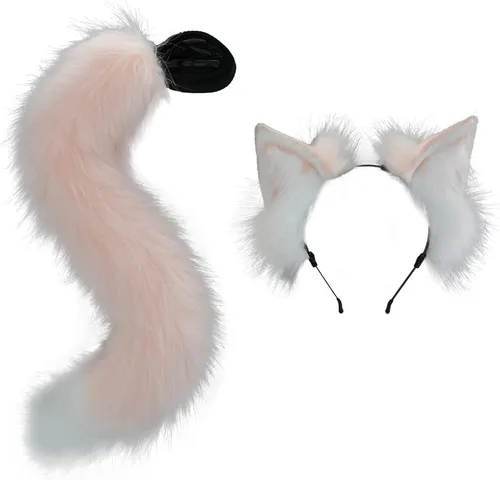 Vista 3 de VIGVAN Juego de orejas y cola de cosplay de animales, lobo, zorro, gato, mapache (blanco bronceado)