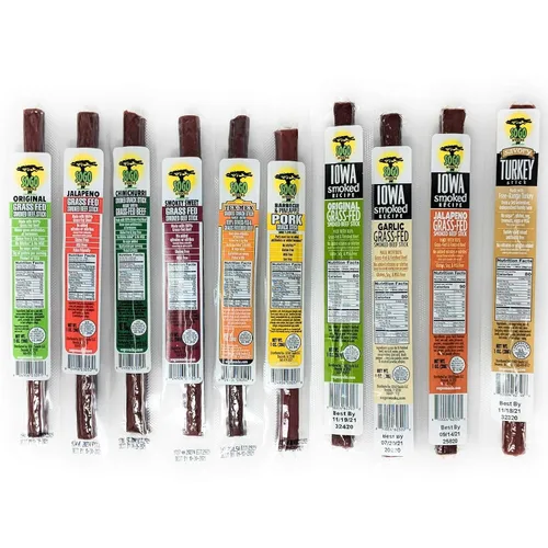 Vista 11 de Palitos de carne de 7 sabores variados. Sin nitratos añadidos, gluten, soja, MSG, lácteos, frutos secos. 5 sabores de carne alimentada con pasto, 1